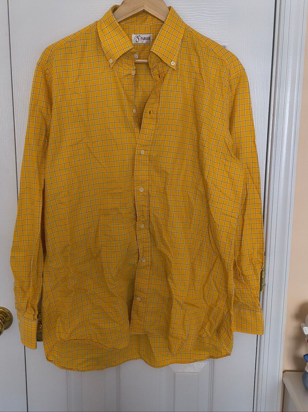 Vintage A.F. Parker Men's L Yellow Gingham Plaid Button-Up Shirt Cotton Italy